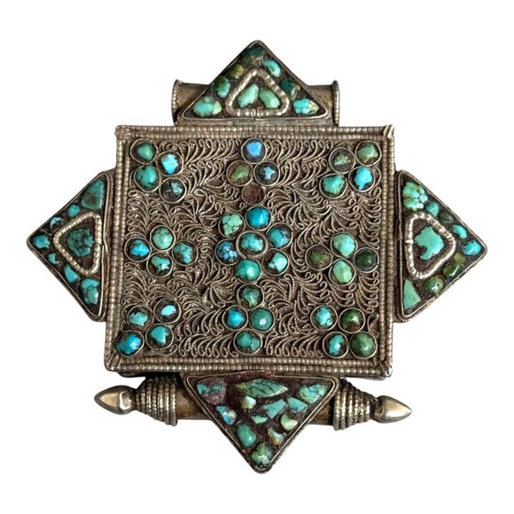 Antique Tibetan Gau Box Prayer Tribal Silver Turquoise Pendant Filigree 4" Large - Picture 1 of 7